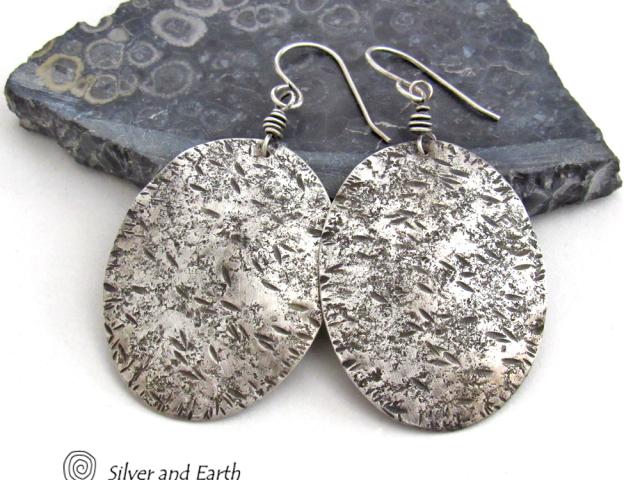 Large Sterling Silver Oval Dangle Earrings with Hammered Rustic Earthy Organic Texture