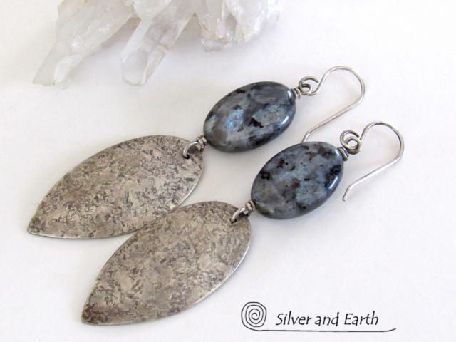 Sterling Silver Dangle Earrings with Natural Larvikite Gemstones