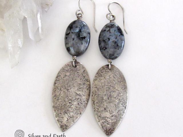 Sterling Silver Dangle Earrings with Natural Larvikite Gemstones