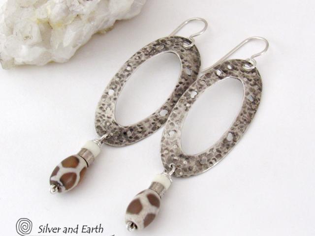 Long Sterling Silver Oval Hoop Earrings with African Agate Beads - Earthy Tribal Jewelry