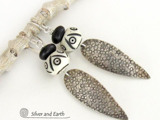 Sterling Silver Tribal Spear Earrings with African Carved Bone & Black Beads - Handcrafted Bold Exotic Ethnic Style Jewelry