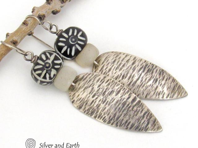 Sterling Silver Earrings with African Carved Black Bone and Glass Beads - Bold Ethnic Tribal Style Jewelry