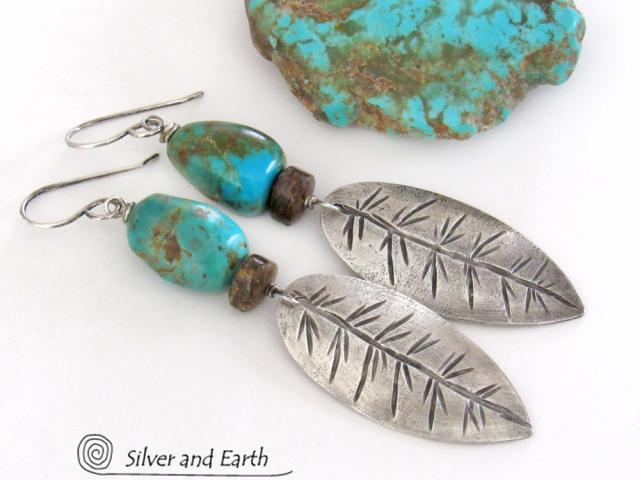 Sterling Silver Feather Earrings with Natural Turquoise and Bronzite Stones - Southwestern Style Jewelry