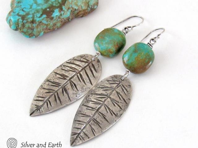 Sterling Silver Feather Earrings with Turquoise - Modern Southwestern Jewelry
