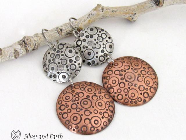 Mixed Metal Earrings with Hand Stamped Sterling Silver & Copper - Unique Contemporary Modern Jewelry