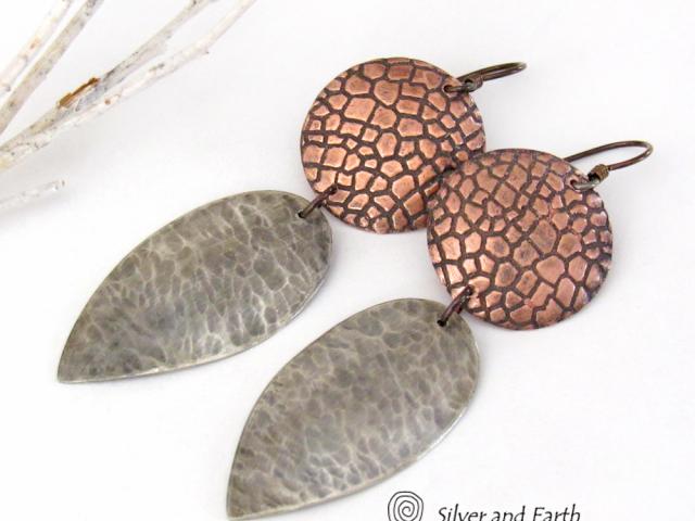 Mixed Metal Earrings with Embossed Copper and Hammered Sterling Silver - Bold Modern Contemporary Jewelry