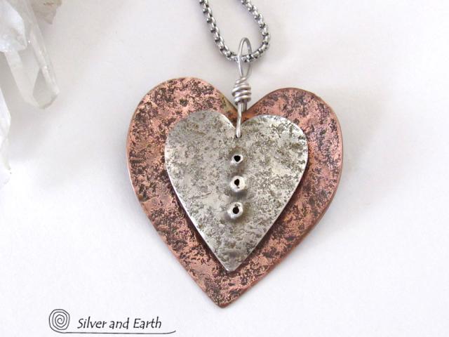 Nesting Mixed Metal Heart Necklace with Sterling Silver & Copper - Unique Romantic Jewelry