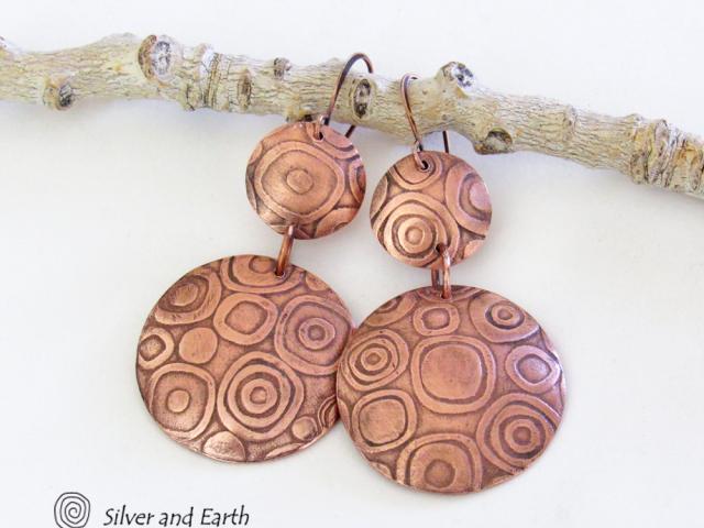 Big Bold Copper Double Dangle Earrings with Abstract Circle Texture - Contemporary Modern Jewelry