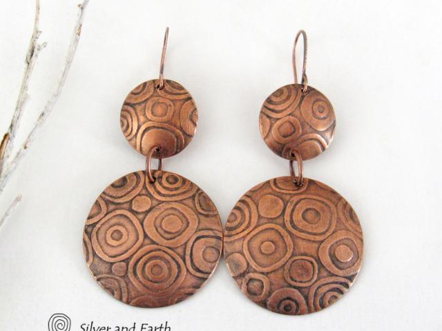 Big Bold Copper Double Dangle Earrings with Abstract Circle Texture - Contemporary Modern Jewelry