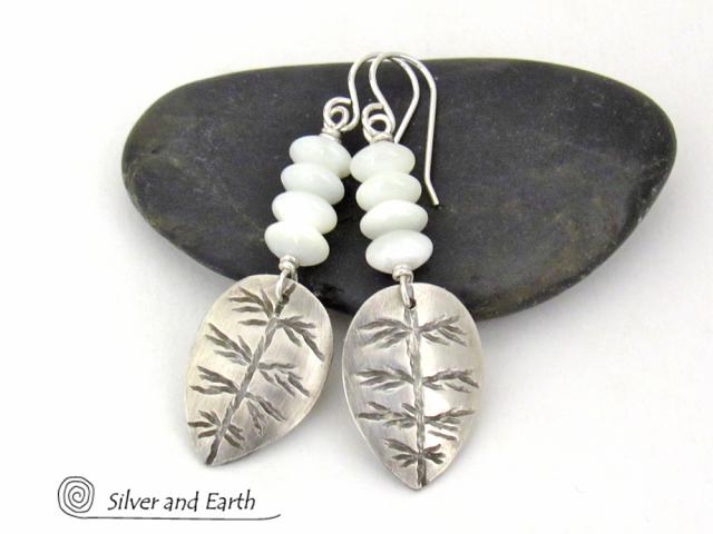 Small Sterling Silver Leaf Earrings with White Mother of Pearl - Modern Earthy Nature Jewelry Gifts for Women