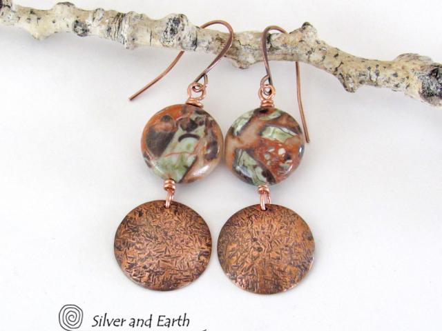 Textured Copper Dangle Earrings with Natural Mushroom Rhyolite Jasper Stones