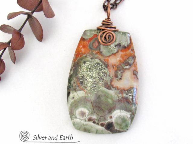 Mushroom Rhyolite Jasper Pendant with Copper Necklace - Earthy Natural Stone Jewelry