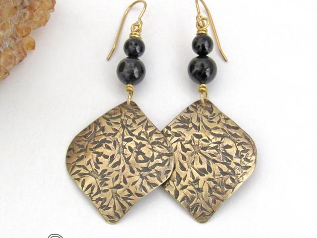 Textured Gold Brass Earrings with Black Onyx Gemstones - Bohemian Modern Chic Style Jewelry