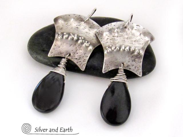 Bold Exotic Sterling Silver Earrings with Black Onyx Gemstones - Unique Handcrafted Artisan Jewelry