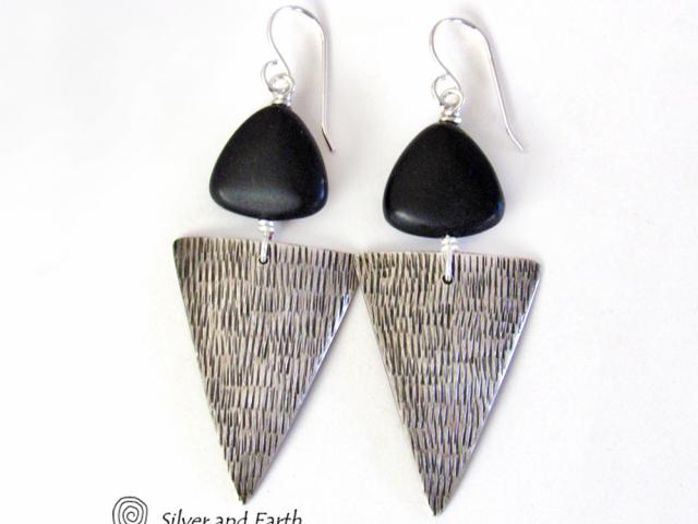 Sterling Silver Triangle Earrings with Black Onyx - Modern Silver Jewelry