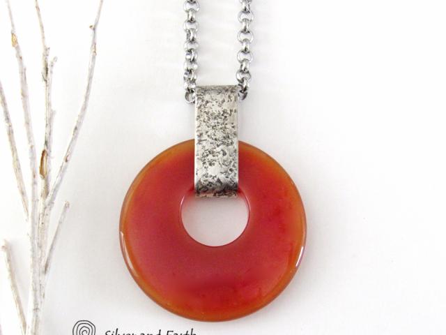 Orange Carnelian Sterling Silver Pendant Necklace -  Earthy Modern Natural Gemstone Jewelry