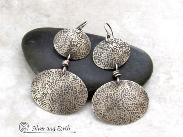 Textured Sterling Silver Double Dangle Earrings - Everyday Modern Silver Jewelry