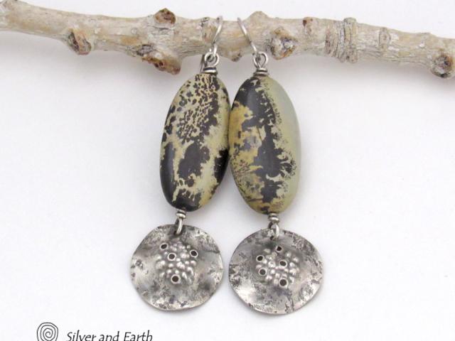 Rustic Hammered Sterling Silver Dangle Earrings with Paintbrush Jasper Stones - One of Kind Natural Stone Jewelry