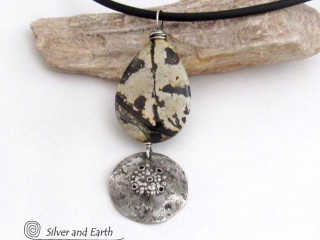 Paintbrush Jasper Stone Necklace with Rustic Hammered Sterling Silver Dangle - One of Kind Natural Stone Jewelry