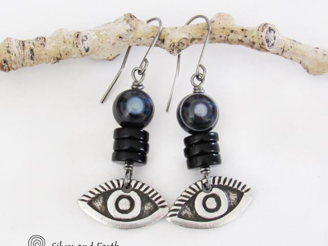 Black Eye Agate Earrings with Pewter Eye Charms - Good Luck Talisman Jewelry