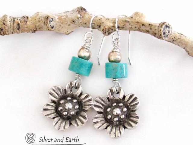Silver Pewter Flower Earrings with Turquoise - Nature Jewelry Gifts for Her
