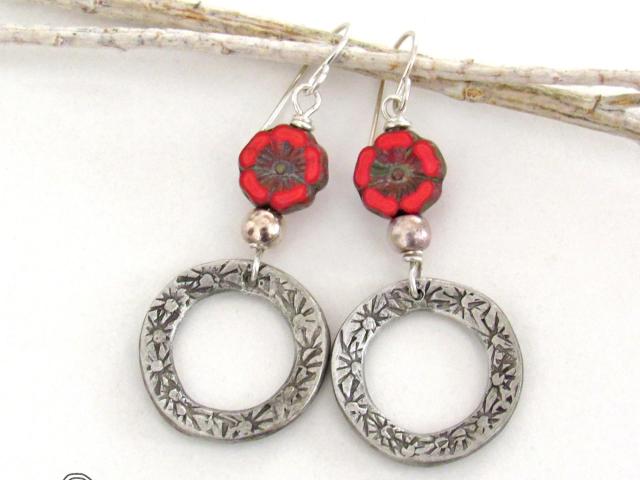 Red Glass Flower Earrings with Pewter Circle Hoop Dangles - Unique Nature Jewelry Gifts for Women