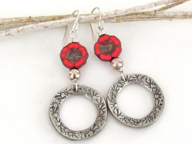 Red Glass Flower Earrings with Pewter Circle Hoop Dangles - Unique Nature Jewelry Gifts for Women