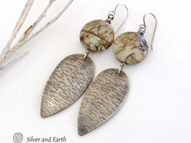 Long Textured Sterling Silver Dangle Earrings with Natural Picasso Jasper Stones