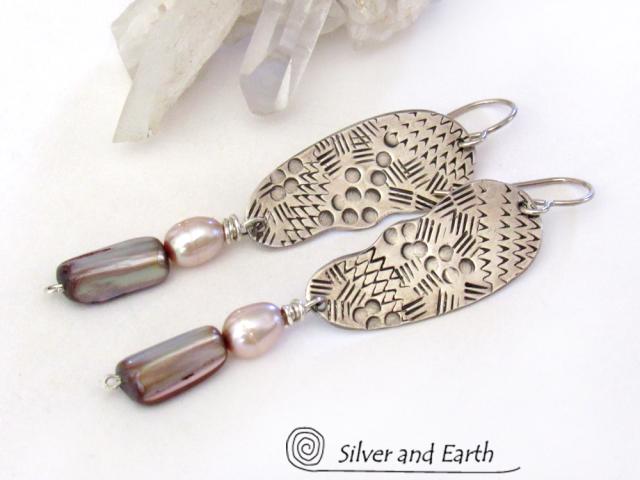 Textured Sterling Silver Earrings with Pink Abalone & Freshwater Pearls - Bold Unique Modern Sterling Silver Jewelry