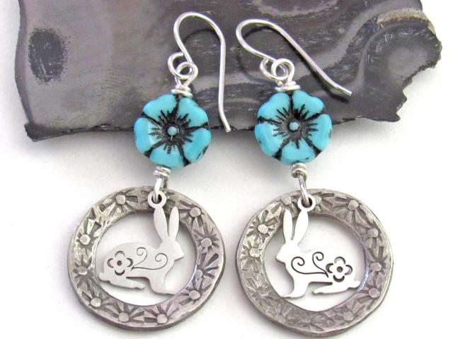 Silver Pewter Circle Hoop Earrings with Blue Flower Beads and Bunny Rabbit Charms - Unique Jewelry Gifts for Flower, Nature & Rabbit Lovers