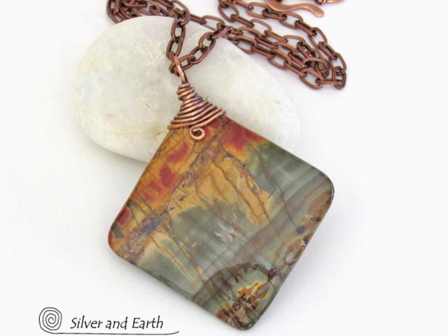 Red Creek Jasper Pendant Necklace - Copper Wire Wrapped Stone Jewelry