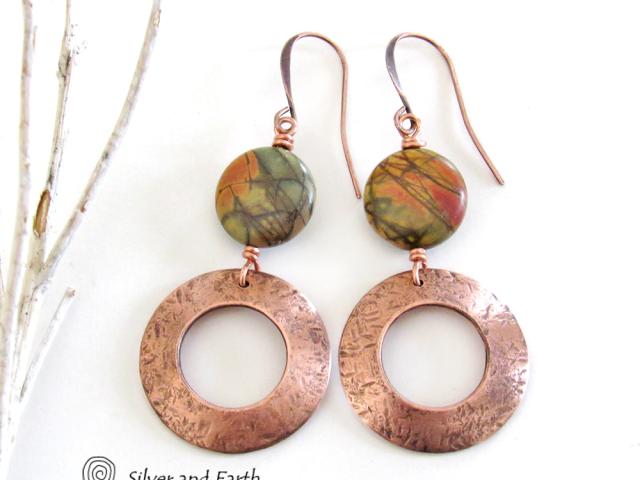 Round Copper Dangle Earrings with Red Creek Jasper Stones - Handmade Natural Earthy Stone Jewelry