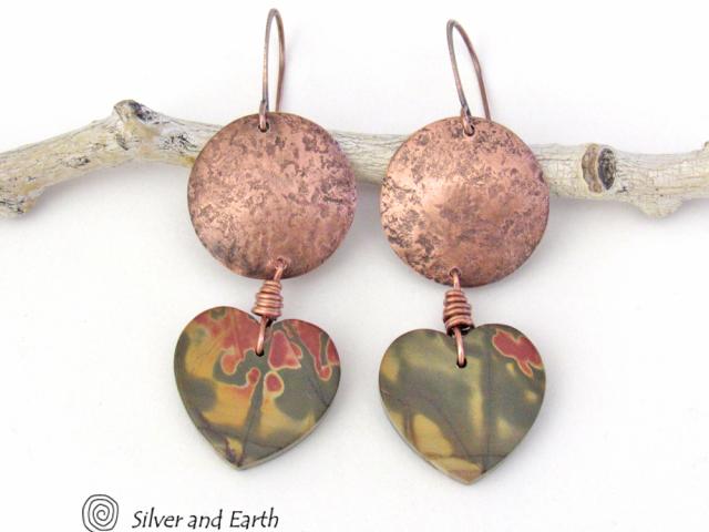 Cherry Creek Jasper Heart Earrings with Copper - Earthy Natural Stone Jewelry Gifts for Women