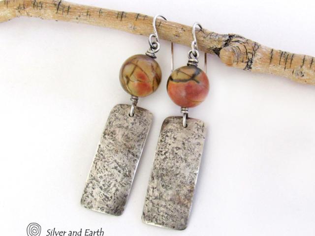 Sterling Silver Earrings with Red Creek Jasper Stones - Earthy Natural Stone Jewelry