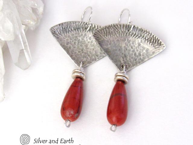 Textured Sterling Silver Earrings with Red Jasper Gemstones - Handcrafted Modern Silver Jewelry