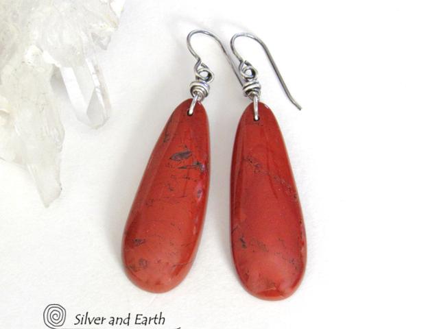 Red Jasper Gemstone Earrings on Sterling Silver Ear Wires - Earthy Natural Stone Jewelry