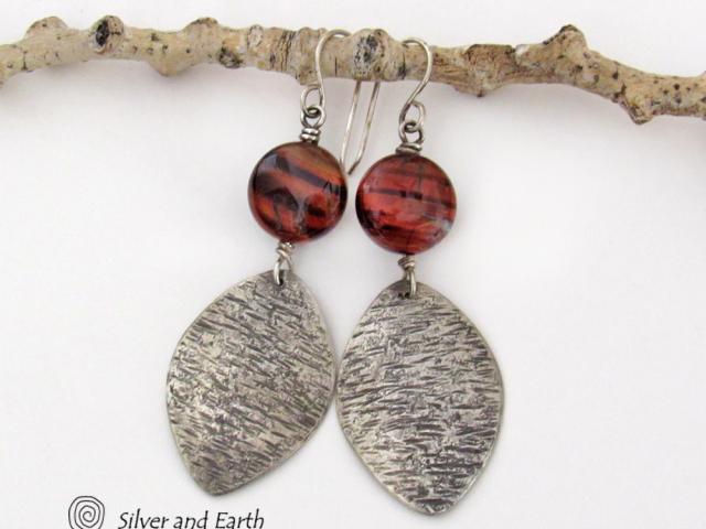 Textured Sterling Silver Earrings with Red Tiger's Eye Stones - Earthy Natural Gemstone Jewelry