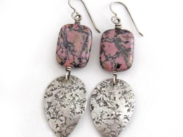 Pink and Black Rhodonite Natural Gemstone Earrings with Sterling Silver Dangles