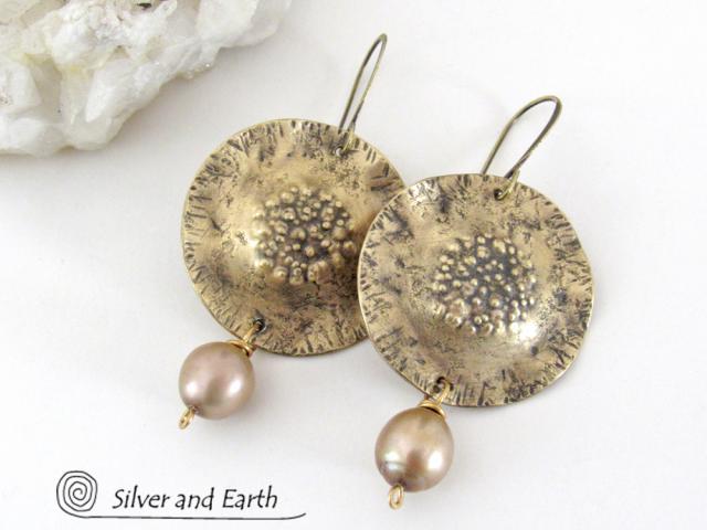 Round Gold Brass Dangle Earrings with Gold Pearls - Artisan Handmade Modern Chic Jewelry