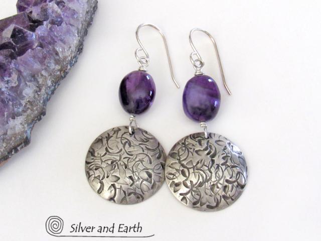 Sterling Silver Dangle Earrings with Purple Amethyst Gemstones