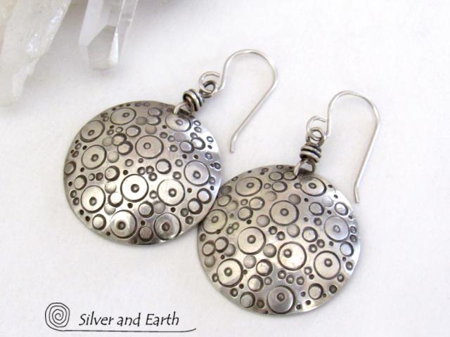 Round Sterling Silver Earrings with Hand Stamped Circle Design - Unique Handmade Artisan Jewelry
