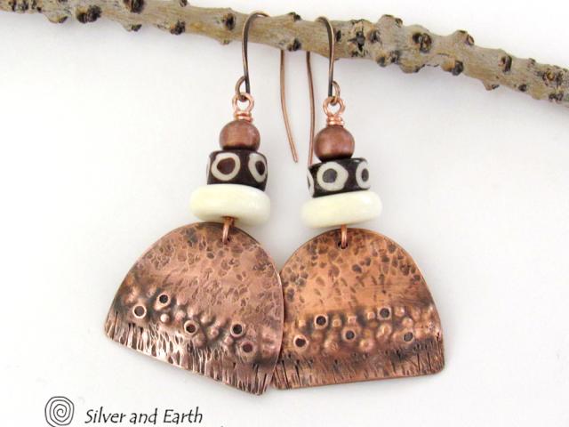 Rustic Hammered Copper Earrings with African Beads - Ethnic Tribal Style Jewelry
