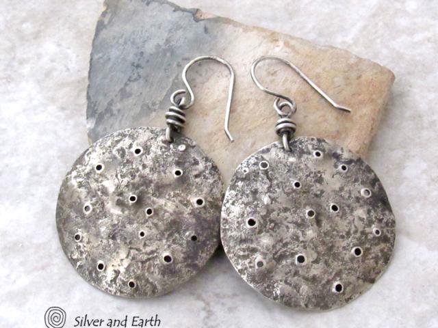 Hammered Sterling Silver Earrings with Rustic, Organic Texture - Earthy Silver Jewelry