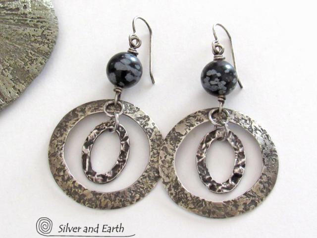 Sterling Silver Double Hoop Earrings with Black Snowflake Obsidian Stones - Artisan Handmade Bold Modern Contemporary Jewelry