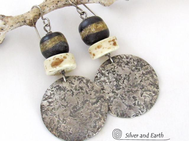 Rustic Hammered Sterling Silver Earrings with African Glass and Bone Beads - Bold Ethnic Tribal Style Jewelry