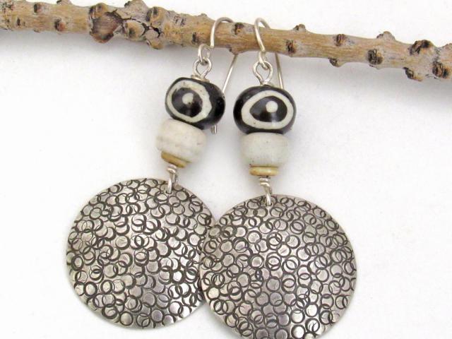 Big Round Sterling Silver Earrings with African Batik Bone & Glass Beads - Bold Ethnic Tribal Style Jewelry