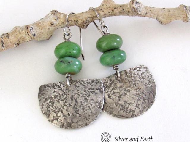 Rustic Hammered Sterling Silver Earrings with Earthy Natural Green Serpentine Stones 