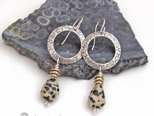 Sterling Silver Circle Hoop Earrings with Dalmatian Jasper Stones - Earthy Natural Gemstone Jewelry