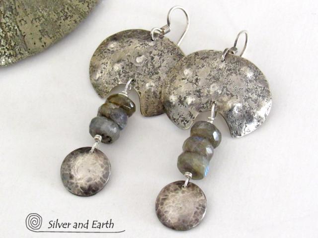 Sterling Silver Earrings with Faceted Labradorite Gemstones - Rustic Edgy Organic Tribal Style Jewelry