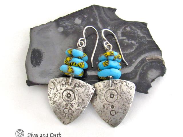 Sterling Silver Tribal Shield Earrings with African Blue Glass Beads - Ethnic African Boho Tribal Handmade Artisan Jewelry